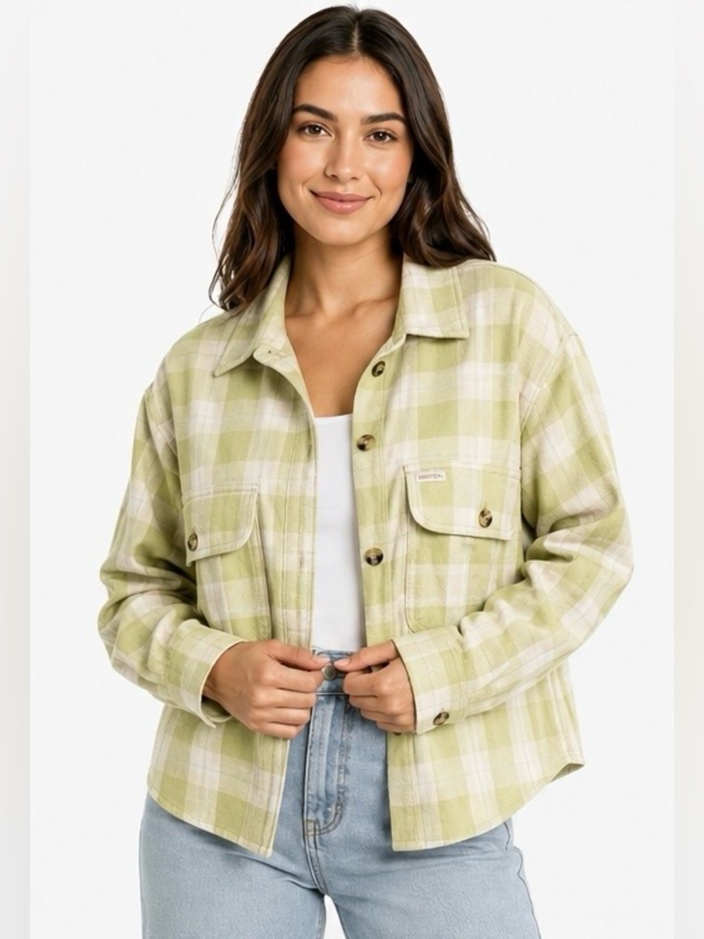 Brixton Bowery Flannel Shacket Women's Small Green Plaid Button Up Shirt Jacket